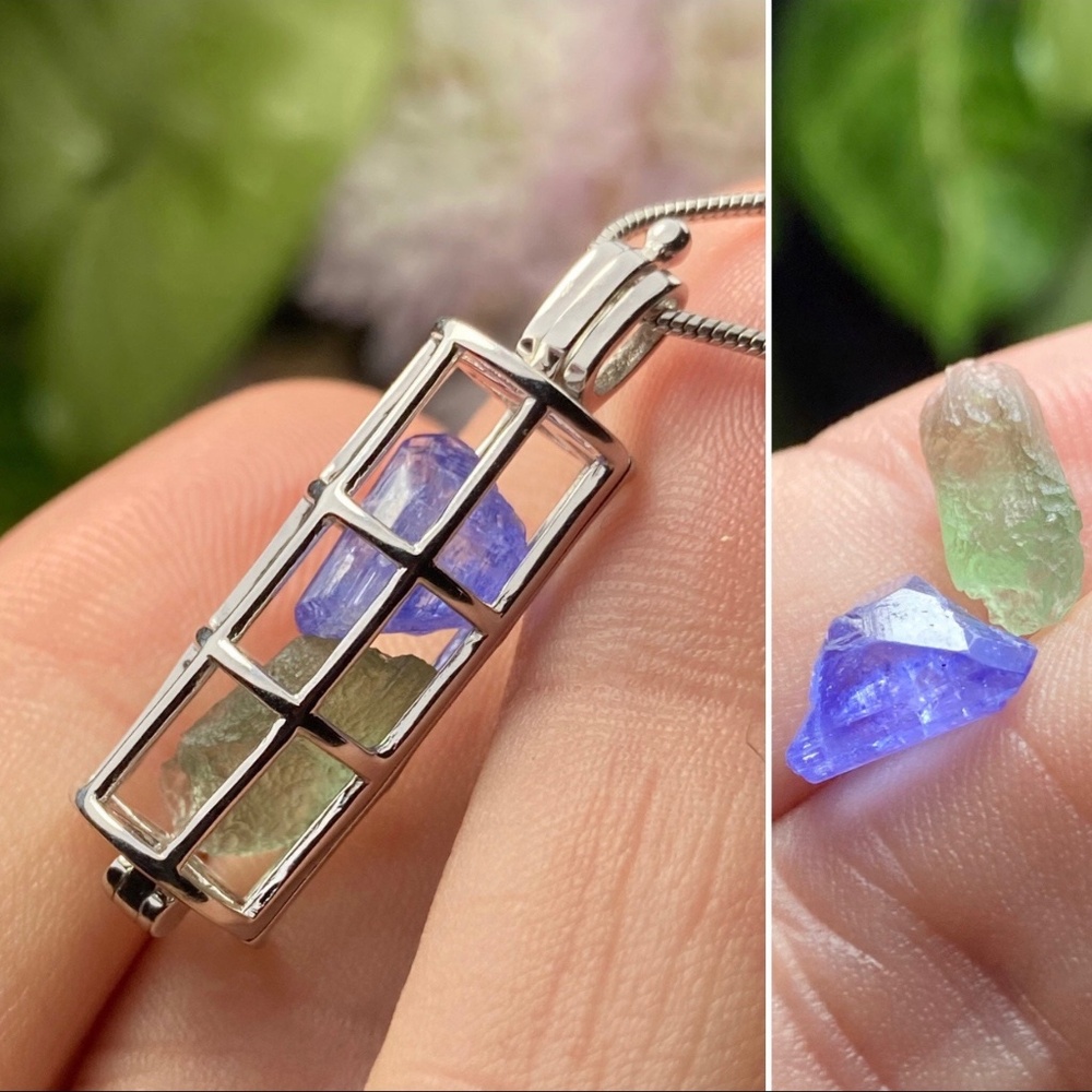 Moldavite, Tanzanite & Herkimer Diamond Pendant